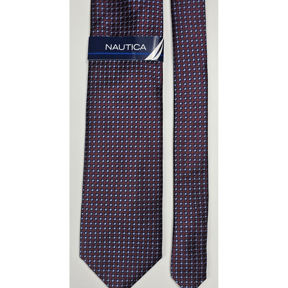 NAUTICA Tie Men's‎ 100% Silk Luxury Maroon Blue Geometric Design 57"x3.25"